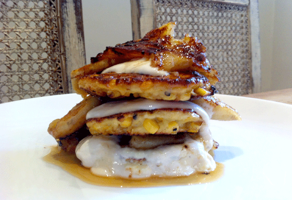 Roast banana & maple syrup with sweetcorn fritters roast banana & fritters Wholesome Seduction