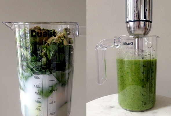 Easy smoothie prep using a hand blender. Making-green-smoothies
